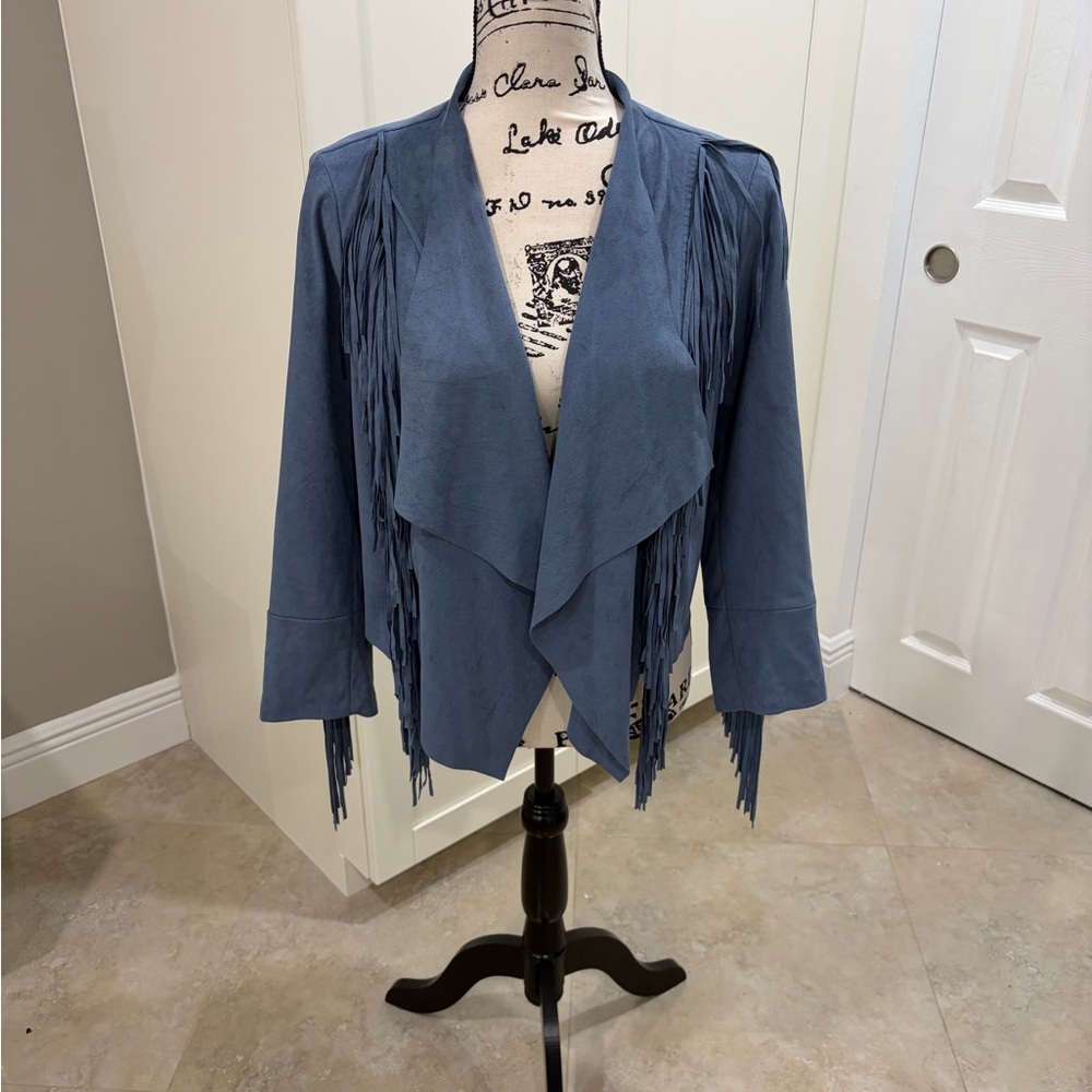 Elegant Faux Suede Blue Fringe Jacket